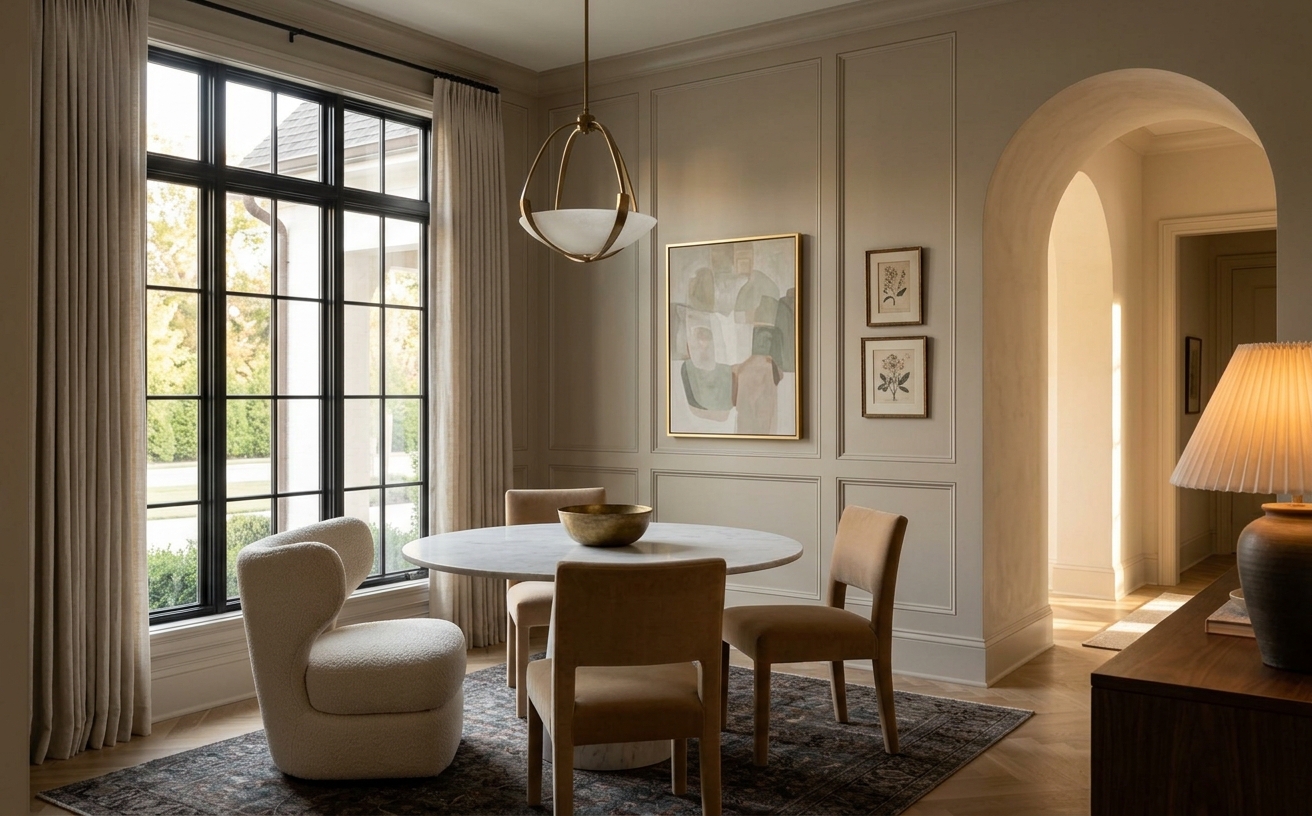 Living room with limestone fireplace